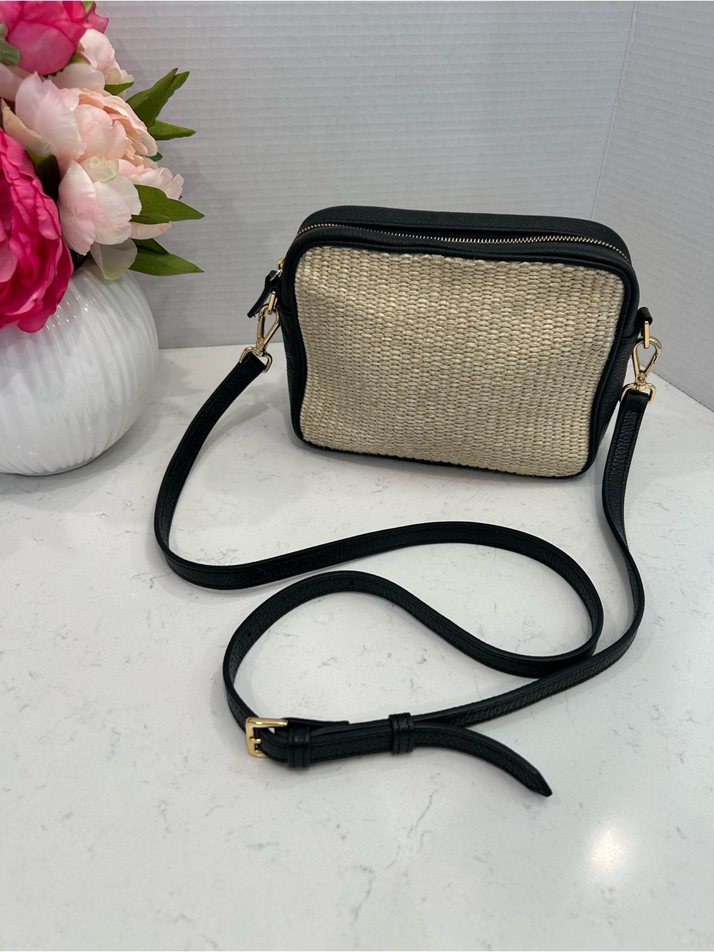 Quince Black Leather Trim Woven Rafia Crossbody Bag